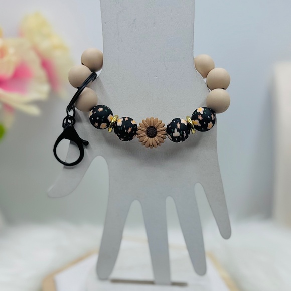 Brown Floral Silicone Beaded Bracelet Keychain - Picture 1 of 5